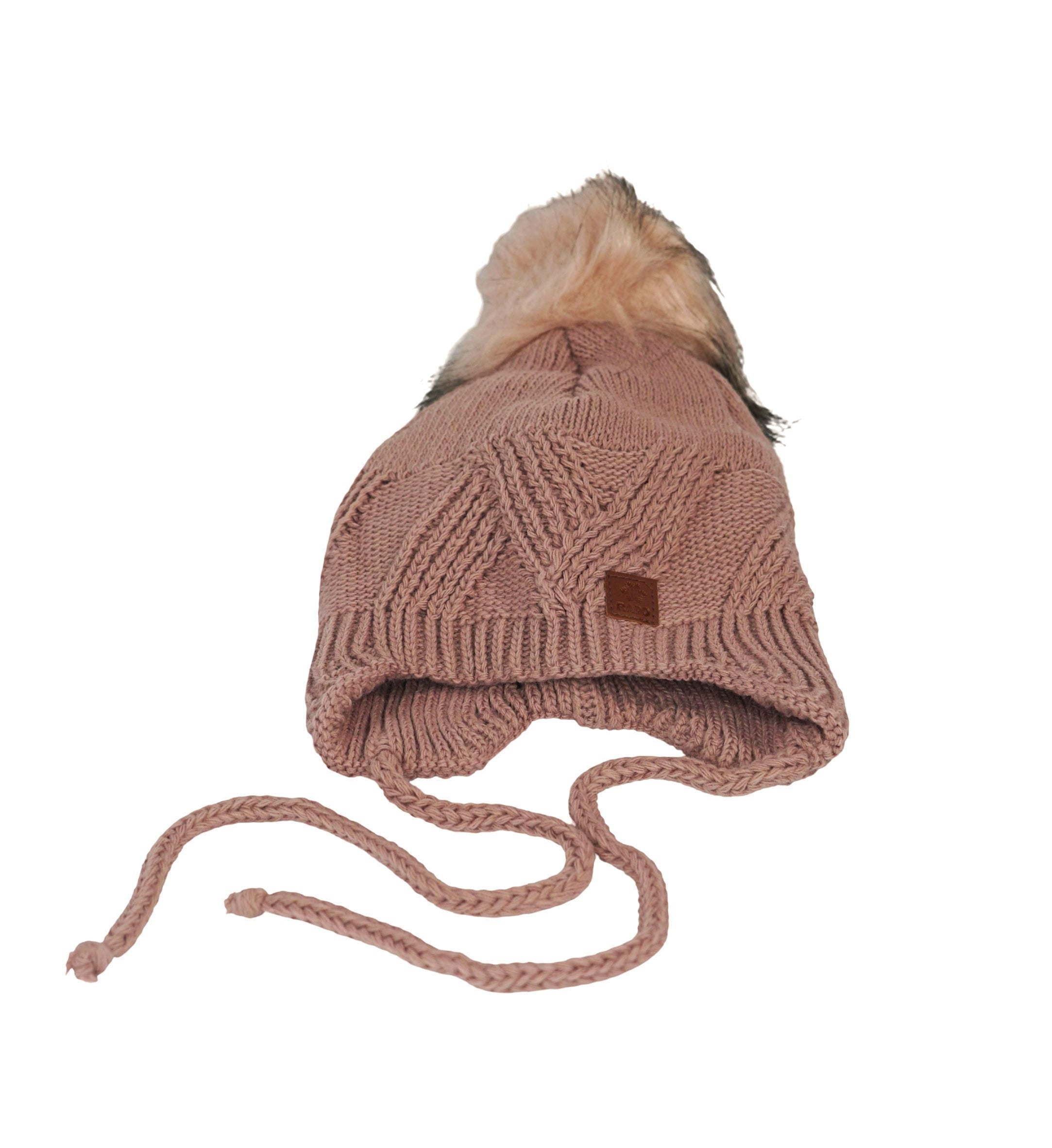 Căciulă Tricotată Cu Moț Si Snururi Model Unisex Pentru Copii