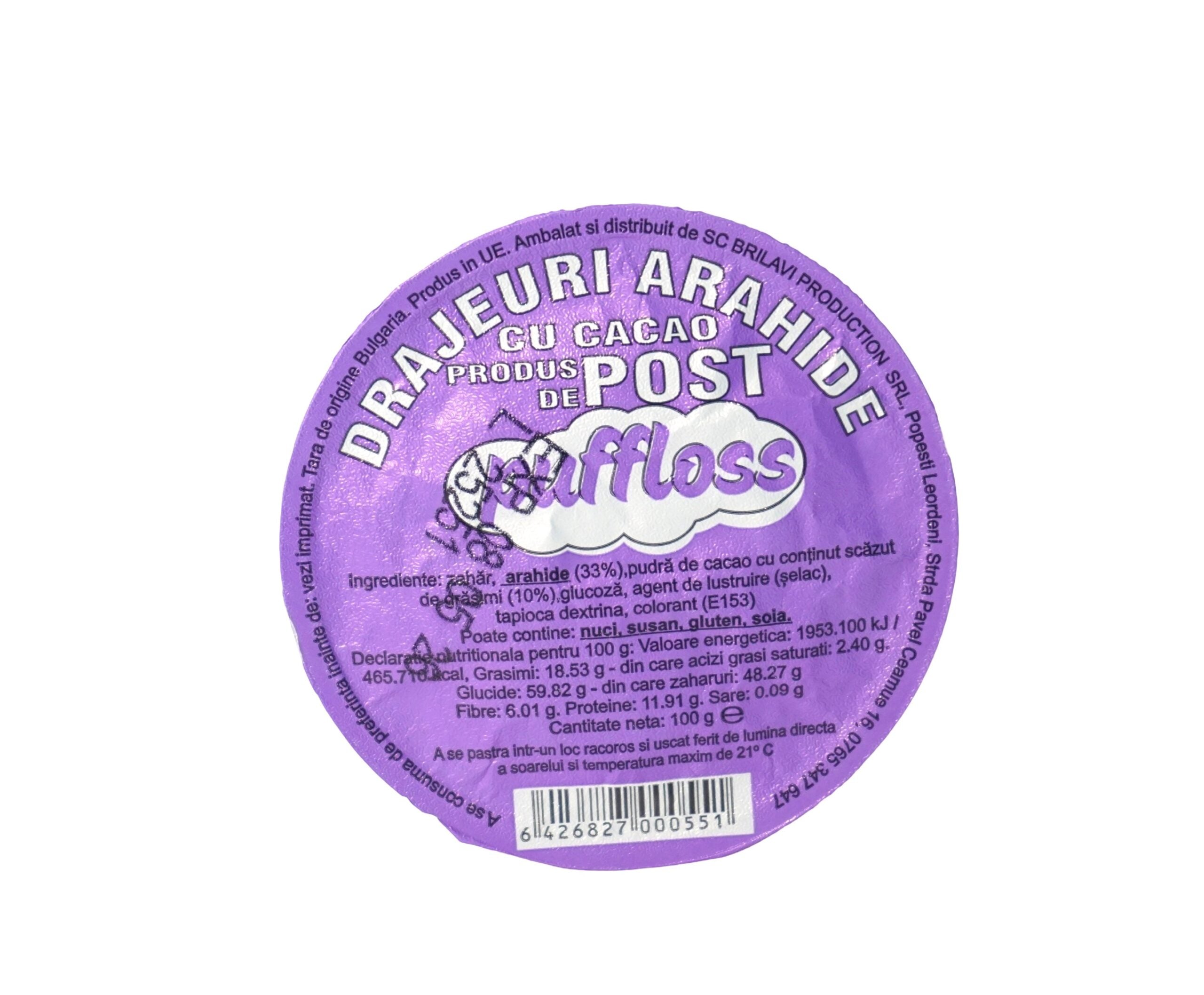 Drajeuri Arahide cu Cacao Produs de Post Puffloss 100g